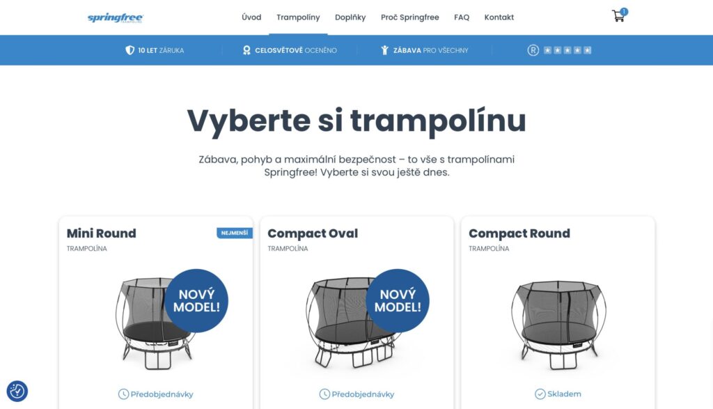 Produktová stránka webu Springfree, kde si vyberete svou trampolínu.
